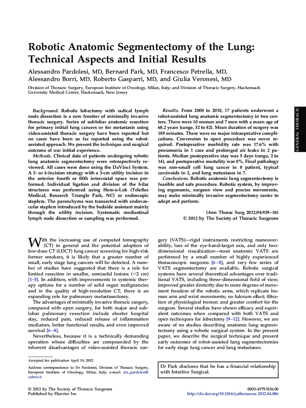 Robotic Anatomic Segmentectomy of the Lung: Technical Aspects and Initial Results