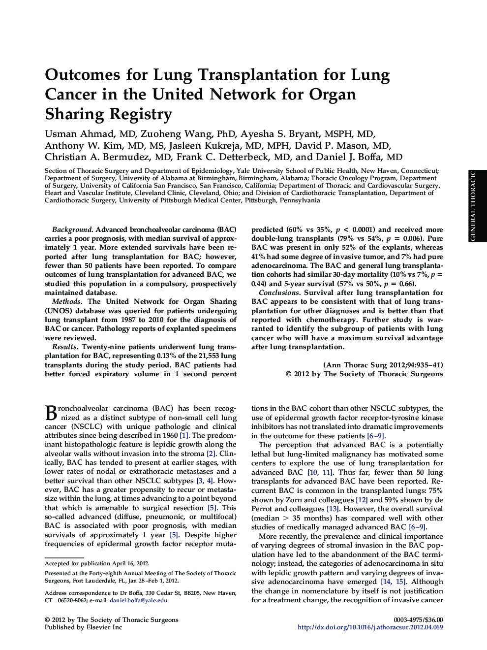 Outcomes for Lung Transplantation for Lung Cancer in the United Network for Organ Sharing Registry