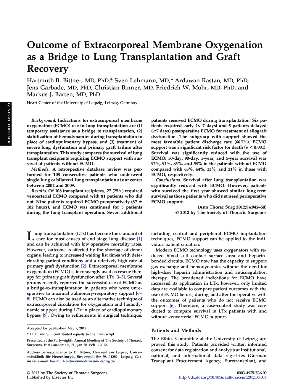 Outcome of Extracorporeal Membrane Oxygenation as a Bridge to Lung Transplantation and Graft Recovery