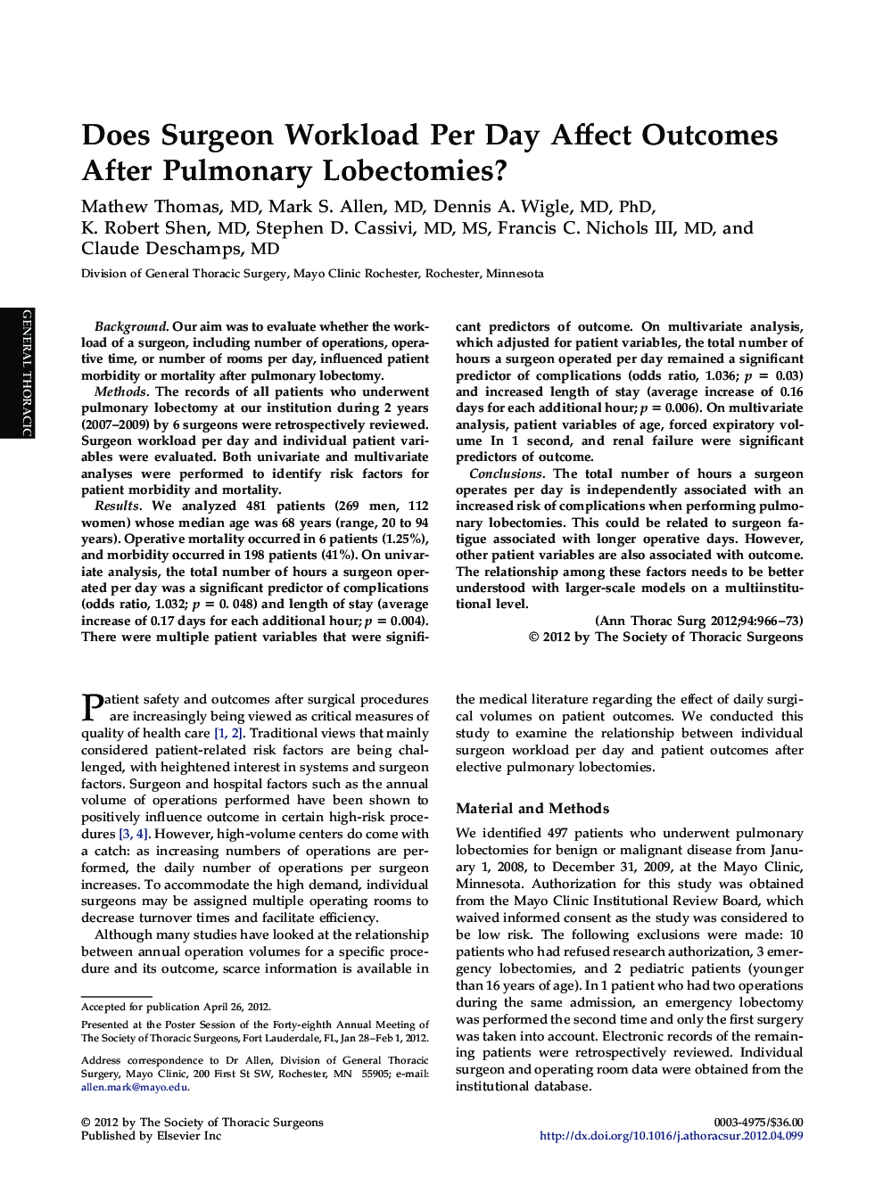Does Surgeon Workload Per Day Affect Outcomes After Pulmonary Lobectomies?