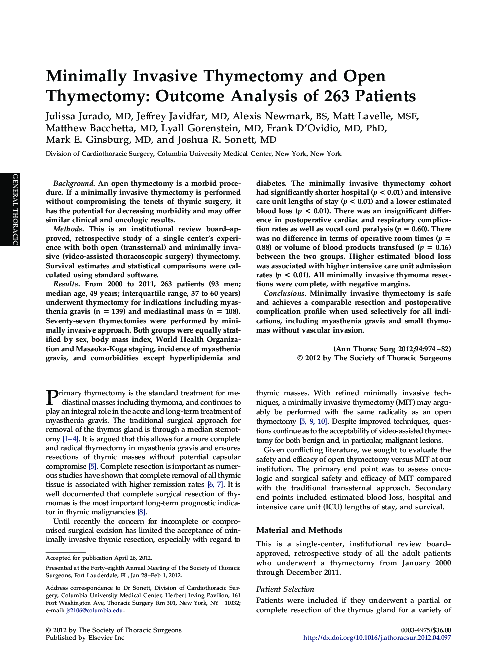 Minimally Invasive Thymectomy and Open Thymectomy: Outcome Analysis of 263 Patients