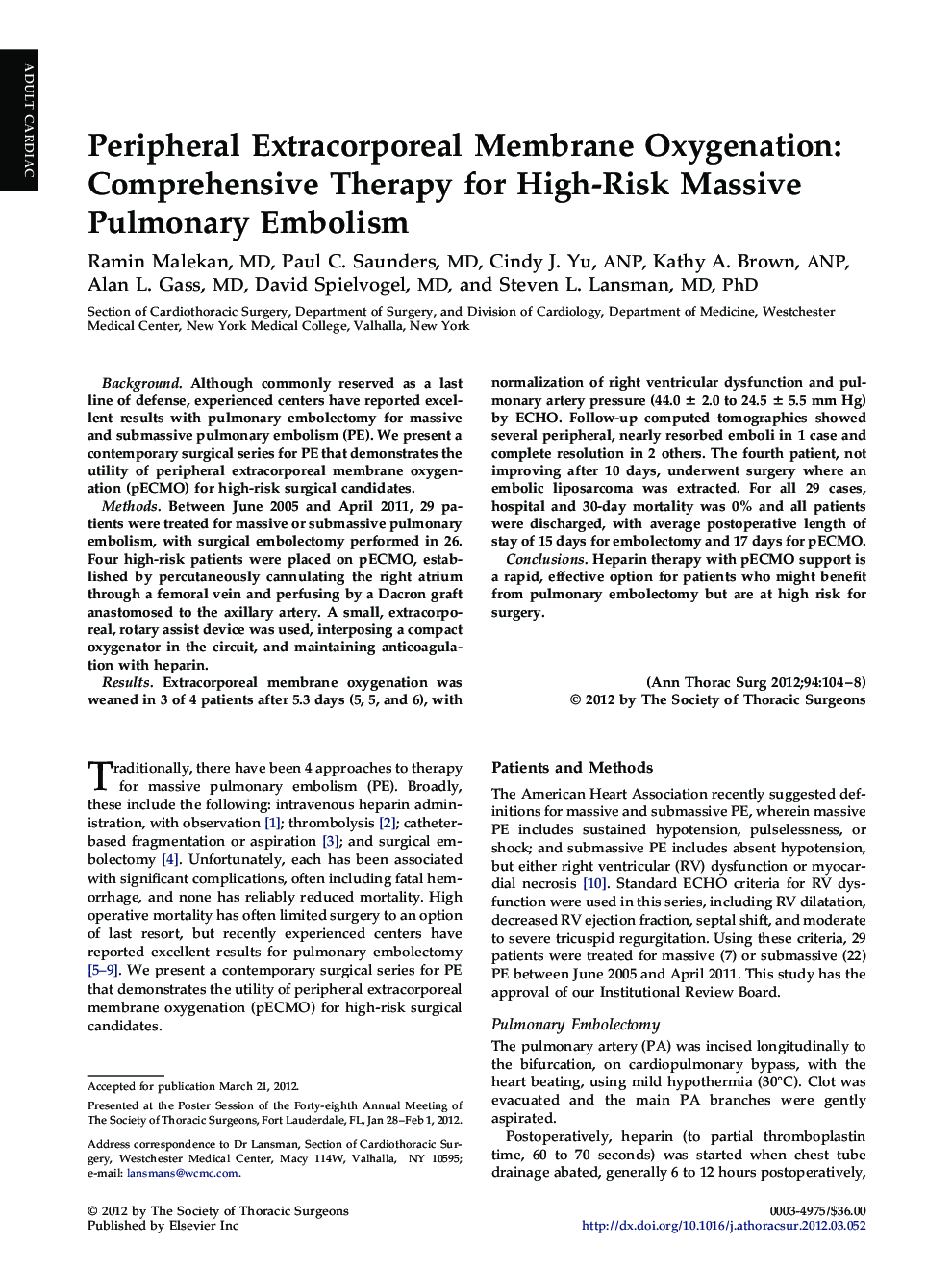 Peripheral Extracorporeal Membrane Oxygenation: Comprehensive Therapy for High-Risk Massive Pulmonary Embolism