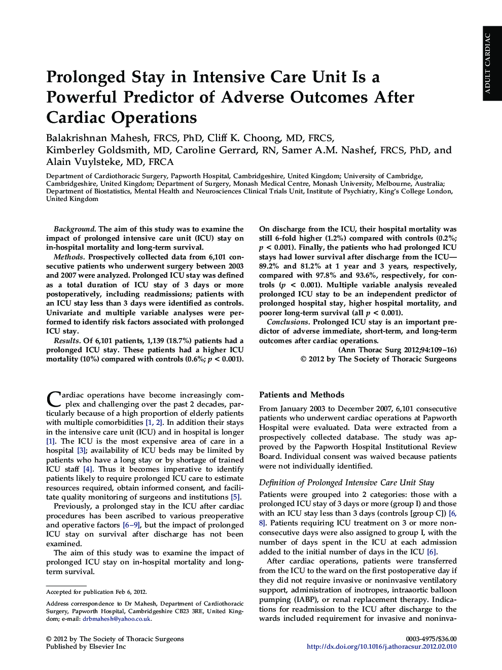 Prolonged Stay in Intensive Care Unit Is a Powerful Predictor of Adverse Outcomes After Cardiac Operations