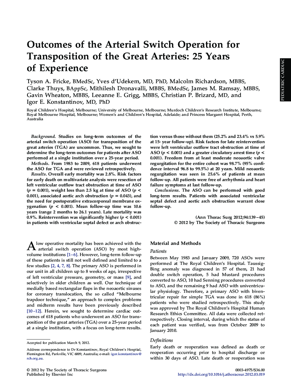 Outcomes of the Arterial Switch Operation for Transposition of the Great Arteries: 25 Years of Experience