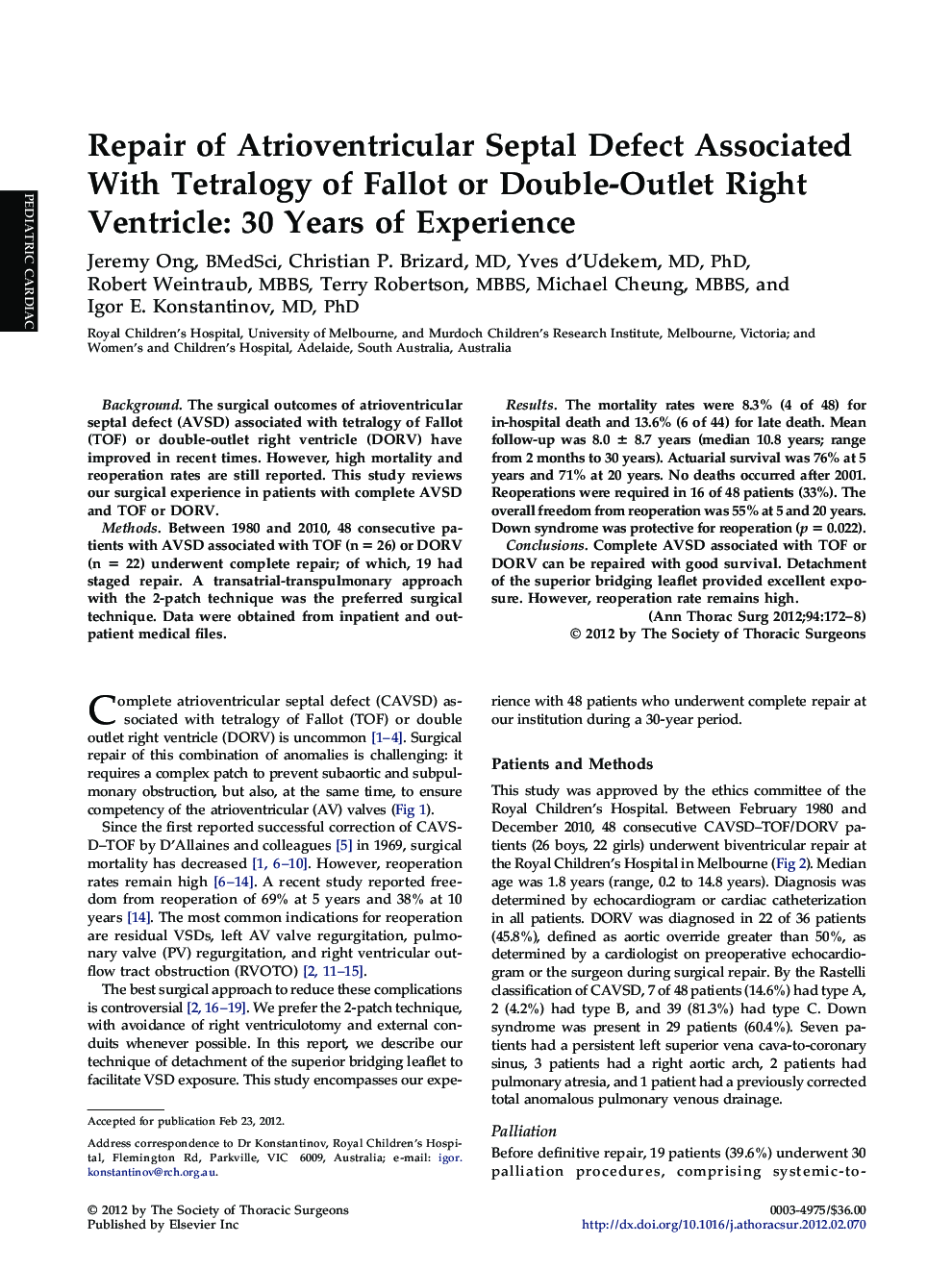 Repair of Atrioventricular Septal Defect Associated With Tetralogy of Fallot or Double-Outlet Right Ventricle: 30 Years of Experience