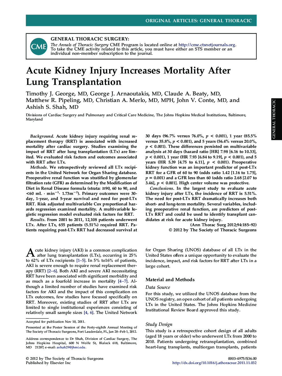Acute Kidney Injury Increases Mortality After Lung Transplantation