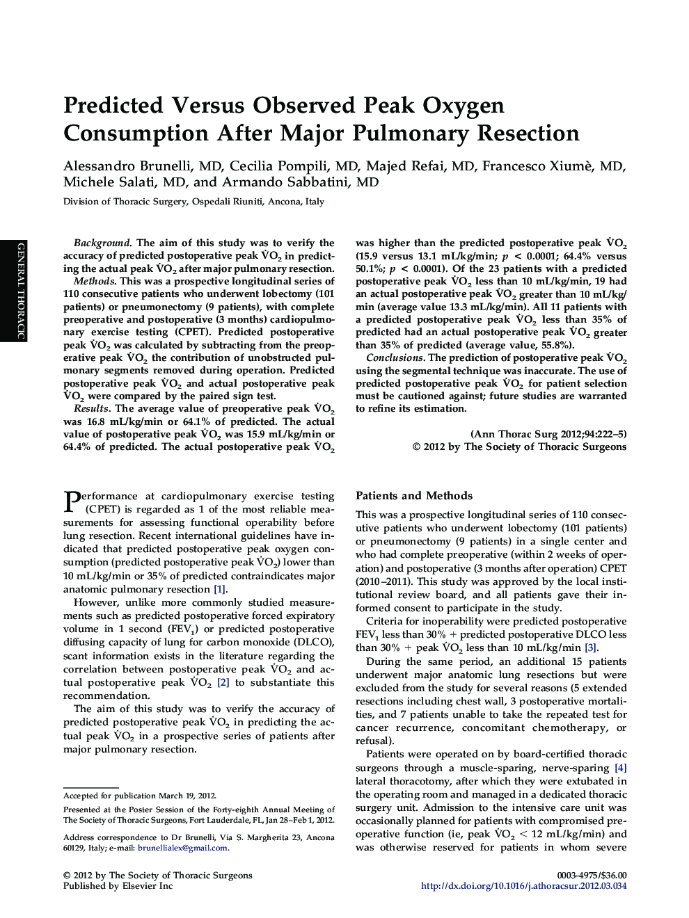 Predicted Versus Observed Peak Oxygen Consumption After Major Pulmonary Resection