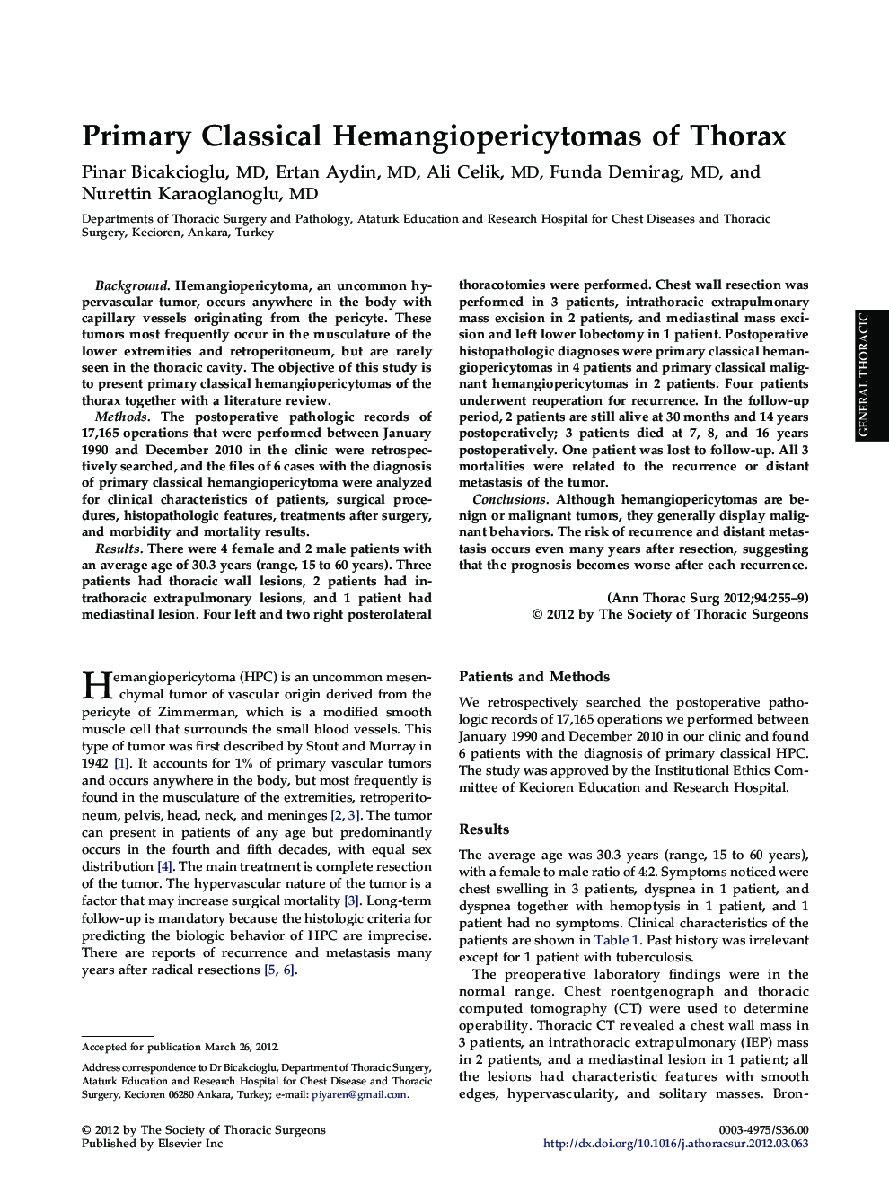 عکس صفحه اول مقاله: Primary Classical Hemangiopericytomas of Thorax Primary Classical Hemangiopericytomas of Thorax