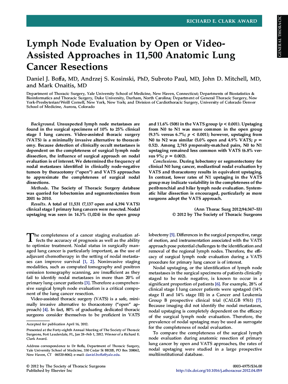 Lymph Node Evaluation by Open or Video-Assisted Approaches in 11,500 Anatomic Lung Cancer Resections