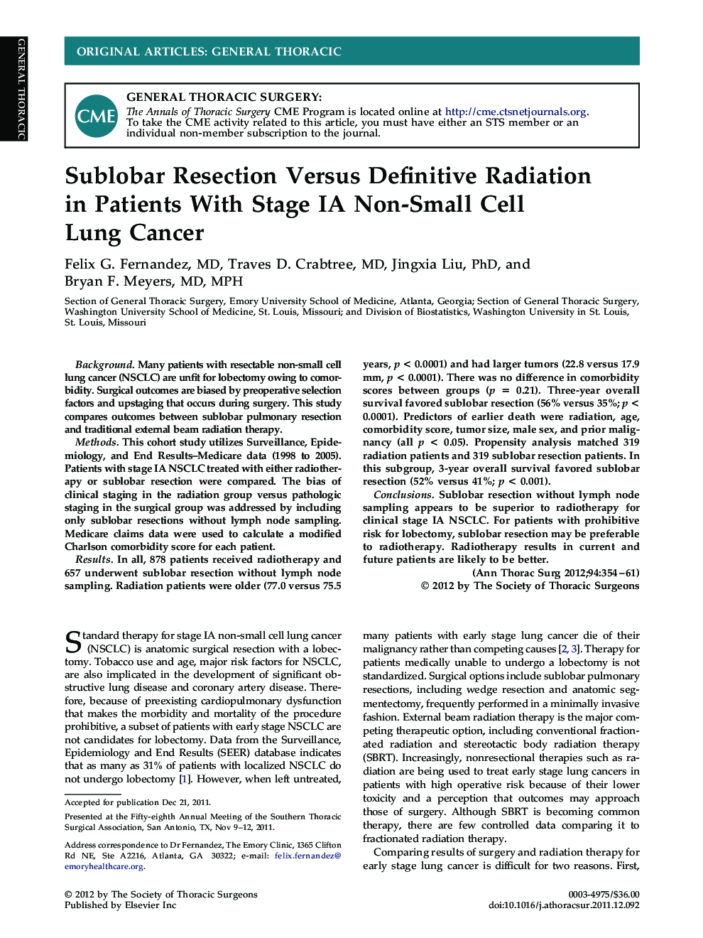Sublobar Resection Versus Definitive Radiation in Patients With Stage IA Non-Small Cell Lung Cancer