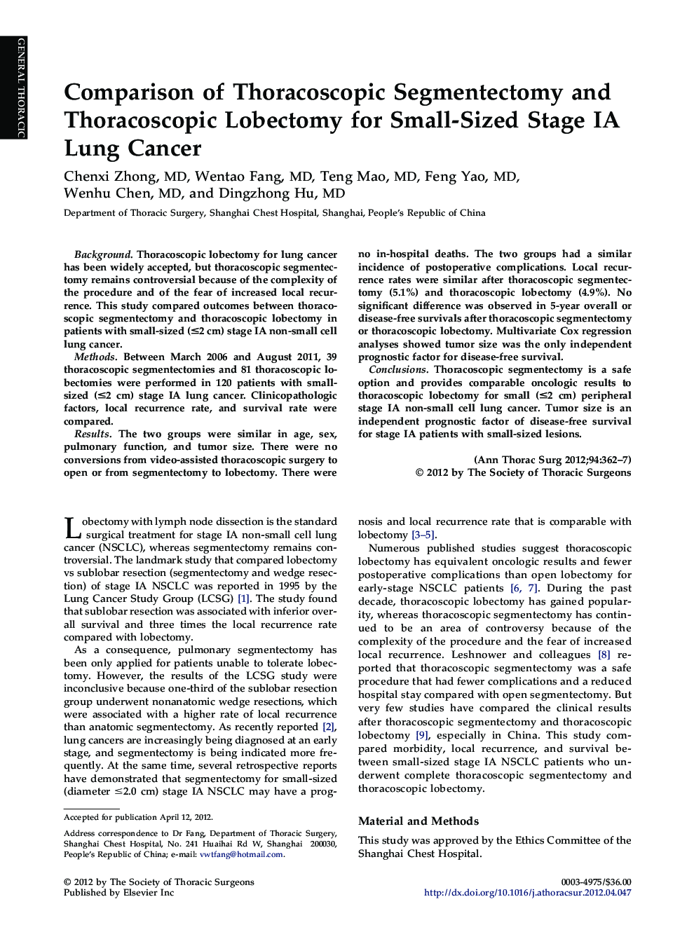 Comparison of Thoracoscopic Segmentectomy and Thoracoscopic Lobectomy for Small-Sized Stage IA Lung Cancer