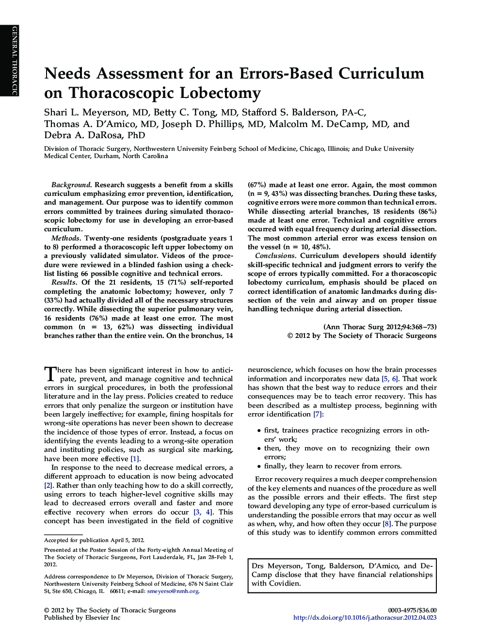 Needs Assessment for an Errors-Based Curriculum on Thoracoscopic Lobectomy