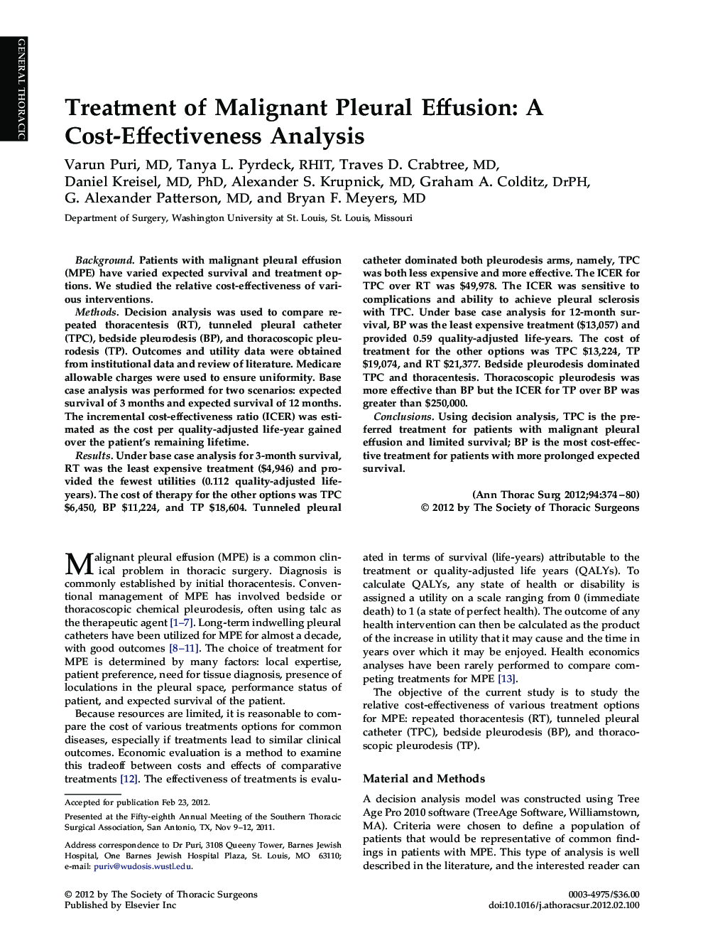 Treatment of Malignant Pleural Effusion: A Cost-Effectiveness Analysis