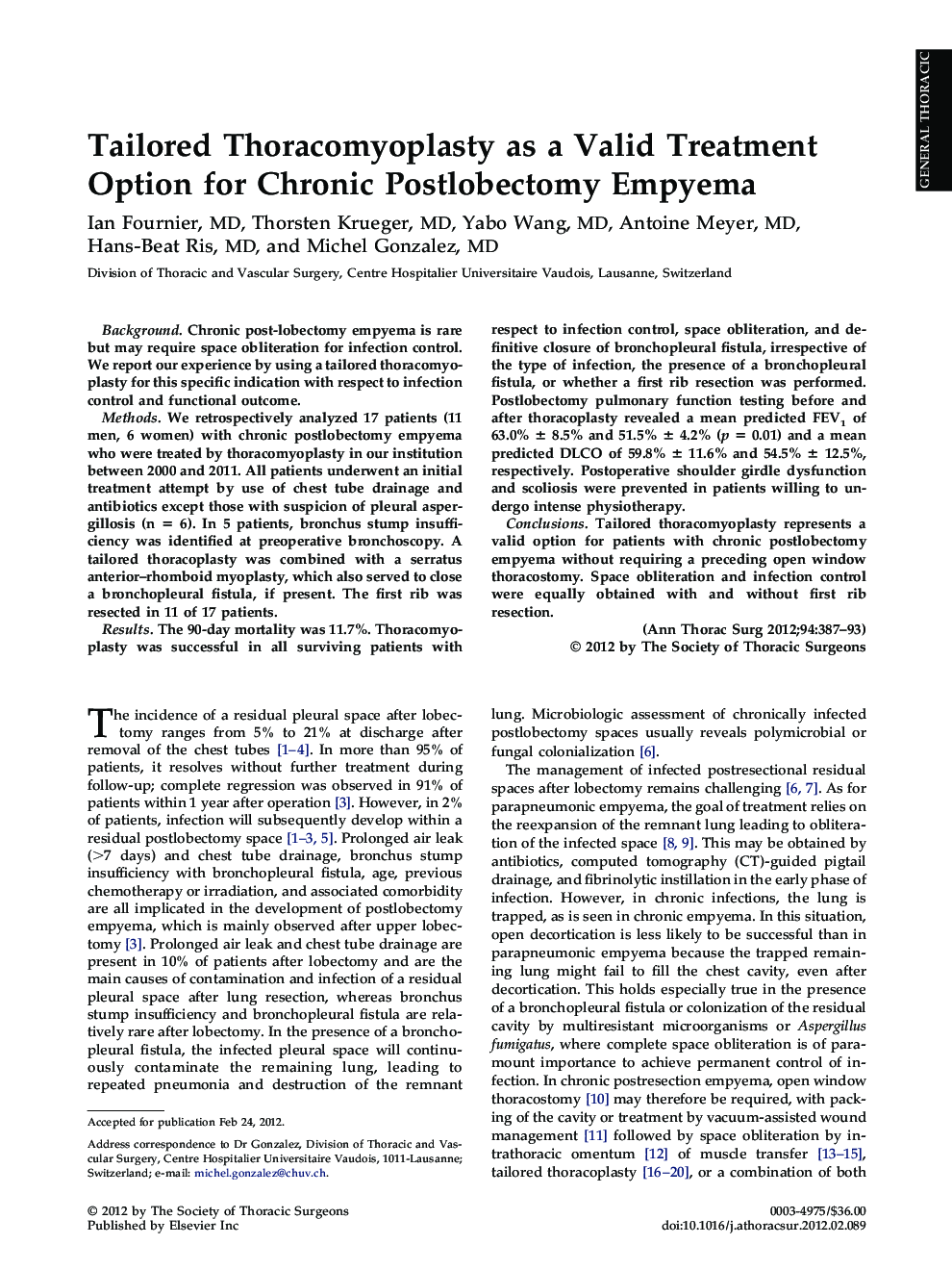 Tailored Thoracomyoplasty as a Valid Treatment Option for Chronic Postlobectomy Empyema