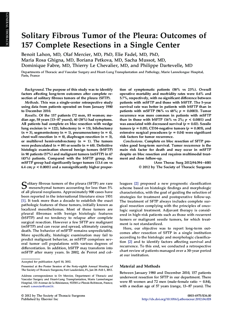 Solitary Fibrous Tumor of the Pleura: Outcomes of 157 Complete Resections in a Single Center