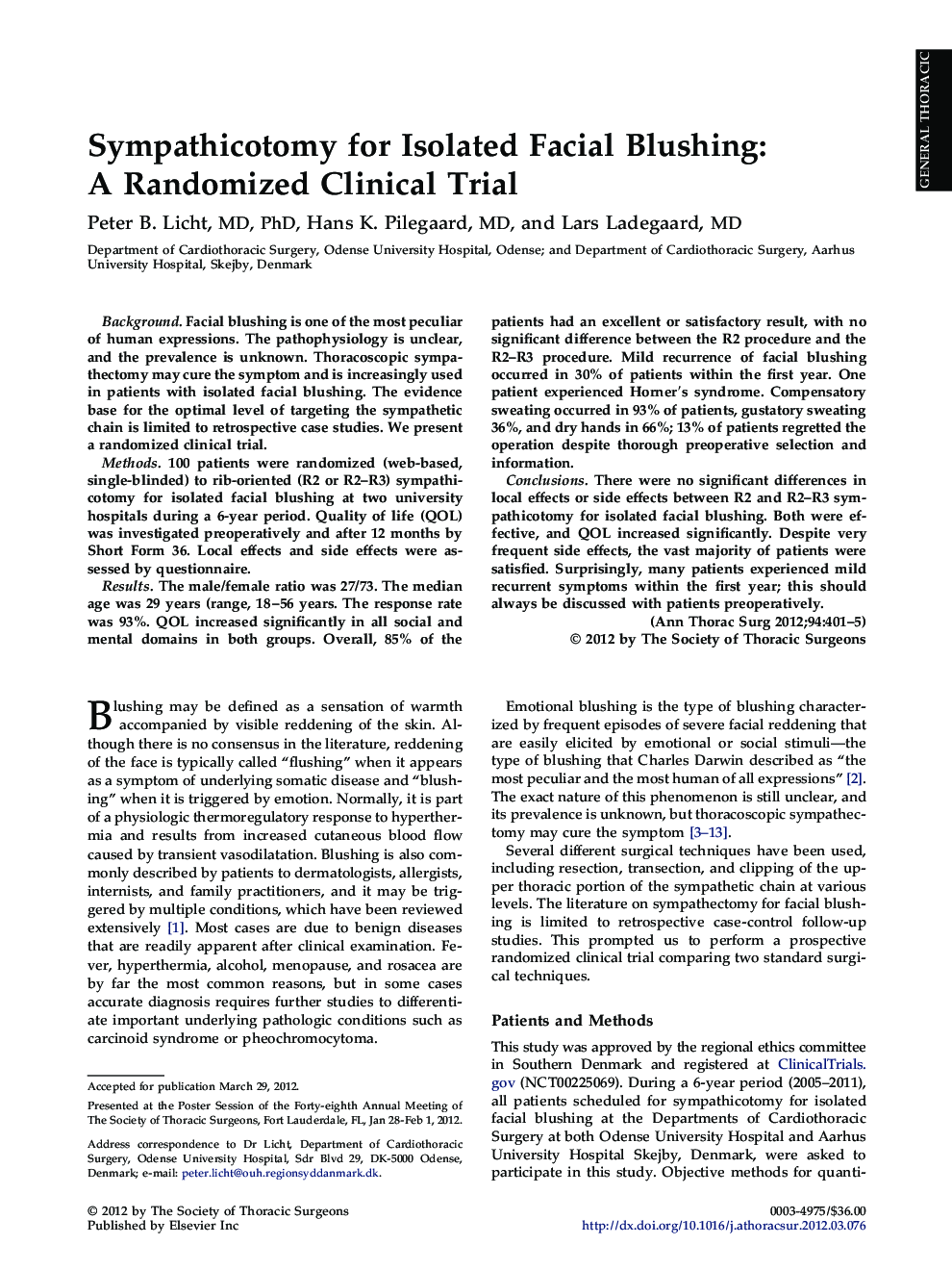 Sympathicotomy for Isolated Facial Blushing: A Randomized Clinical Trial