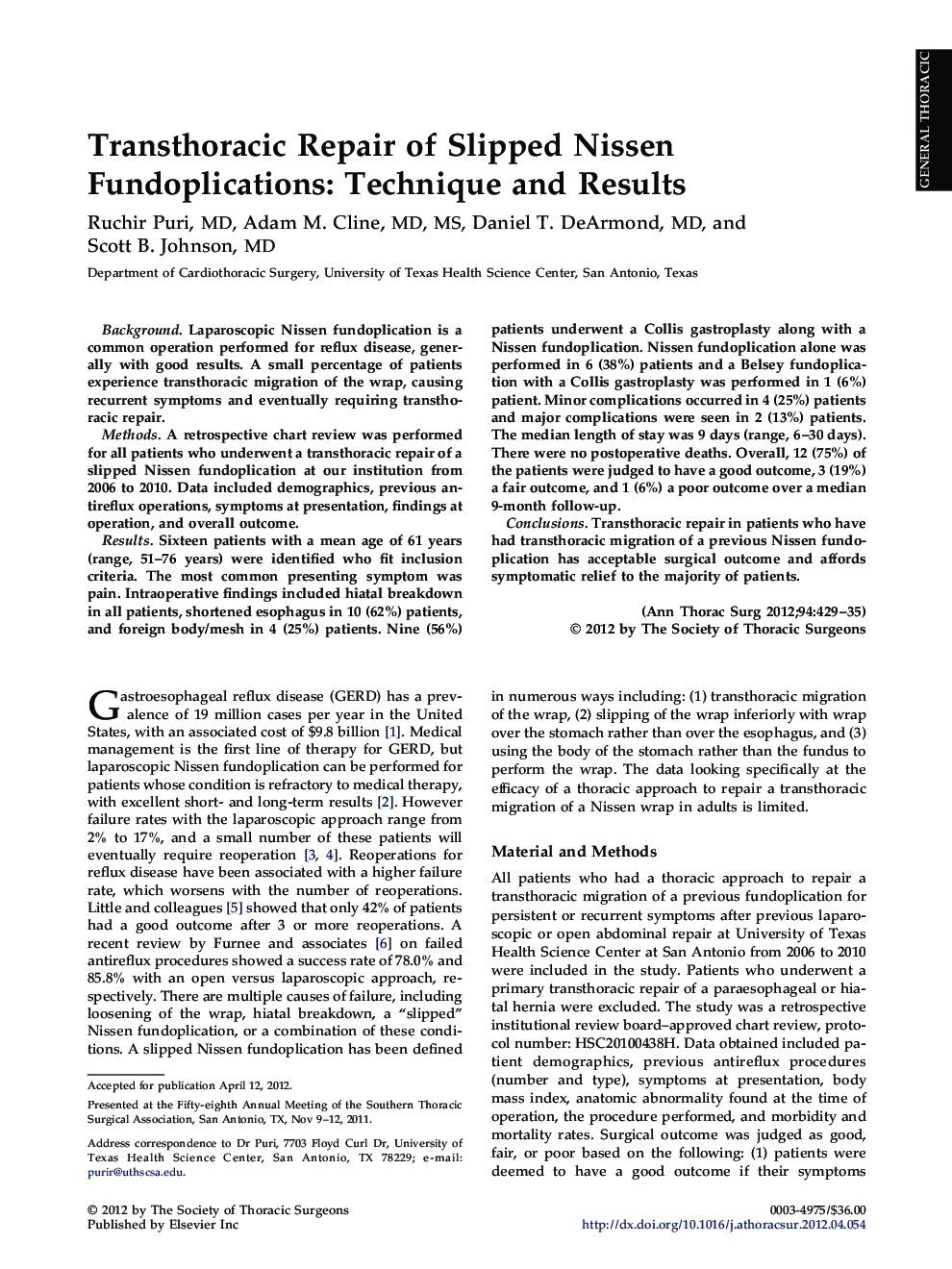 Transthoracic Repair of Slipped Nissen Fundoplications: Technique and Results