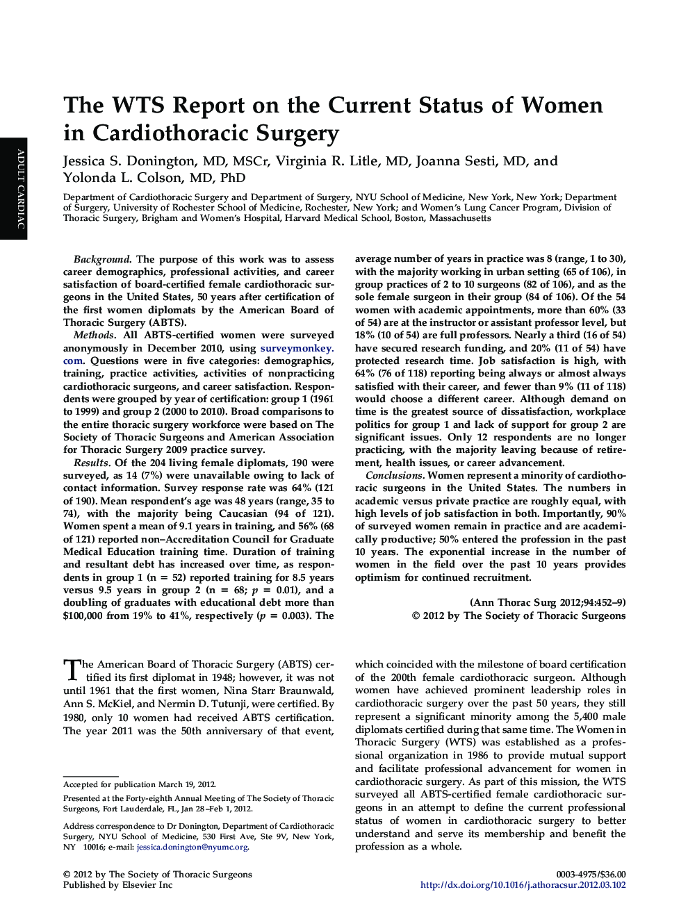 The WTS Report on the Current Status of Women in Cardiothoracic Surgery