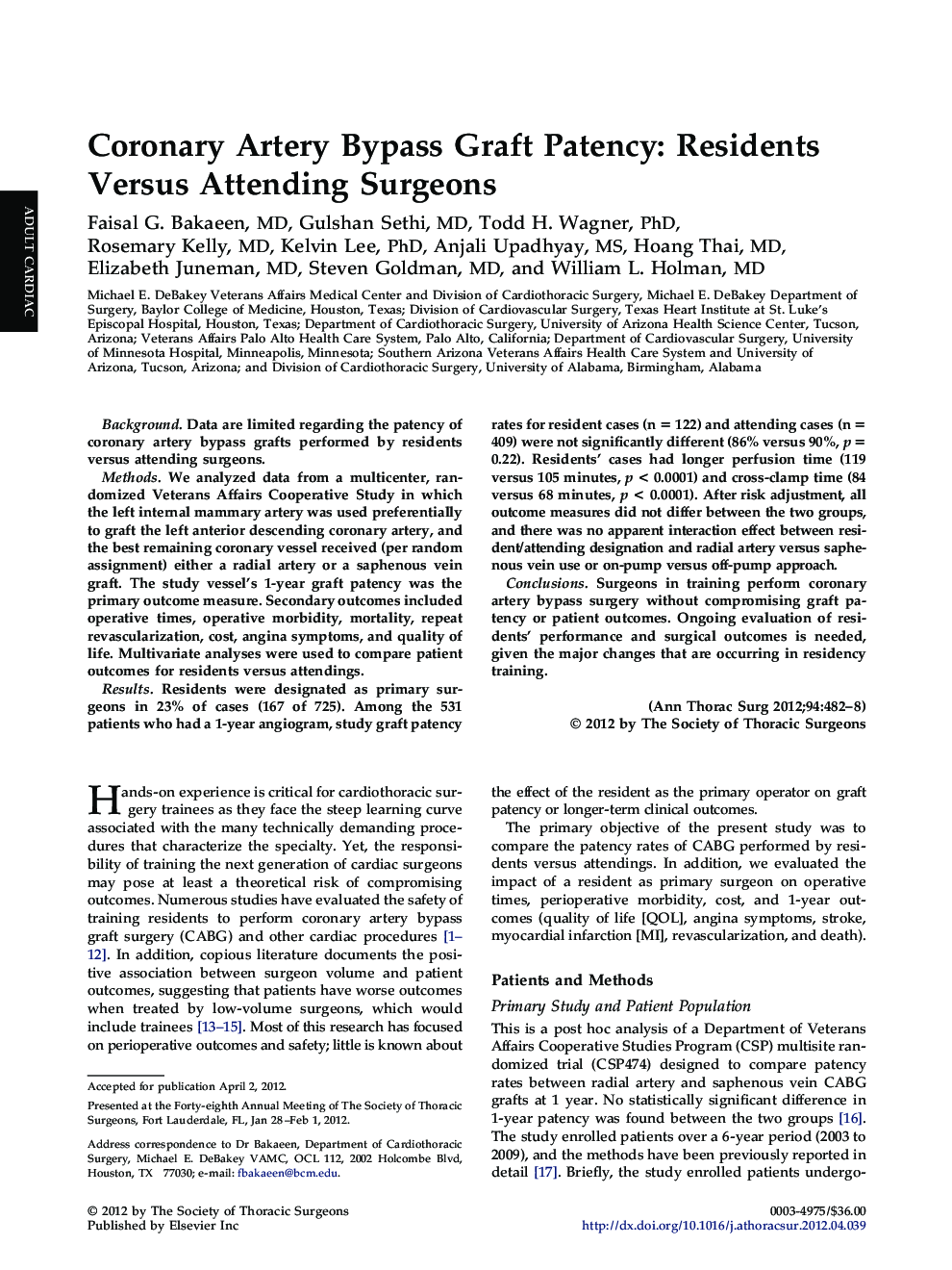 Coronary Artery Bypass Graft Patency: Residents Versus Attending Surgeons