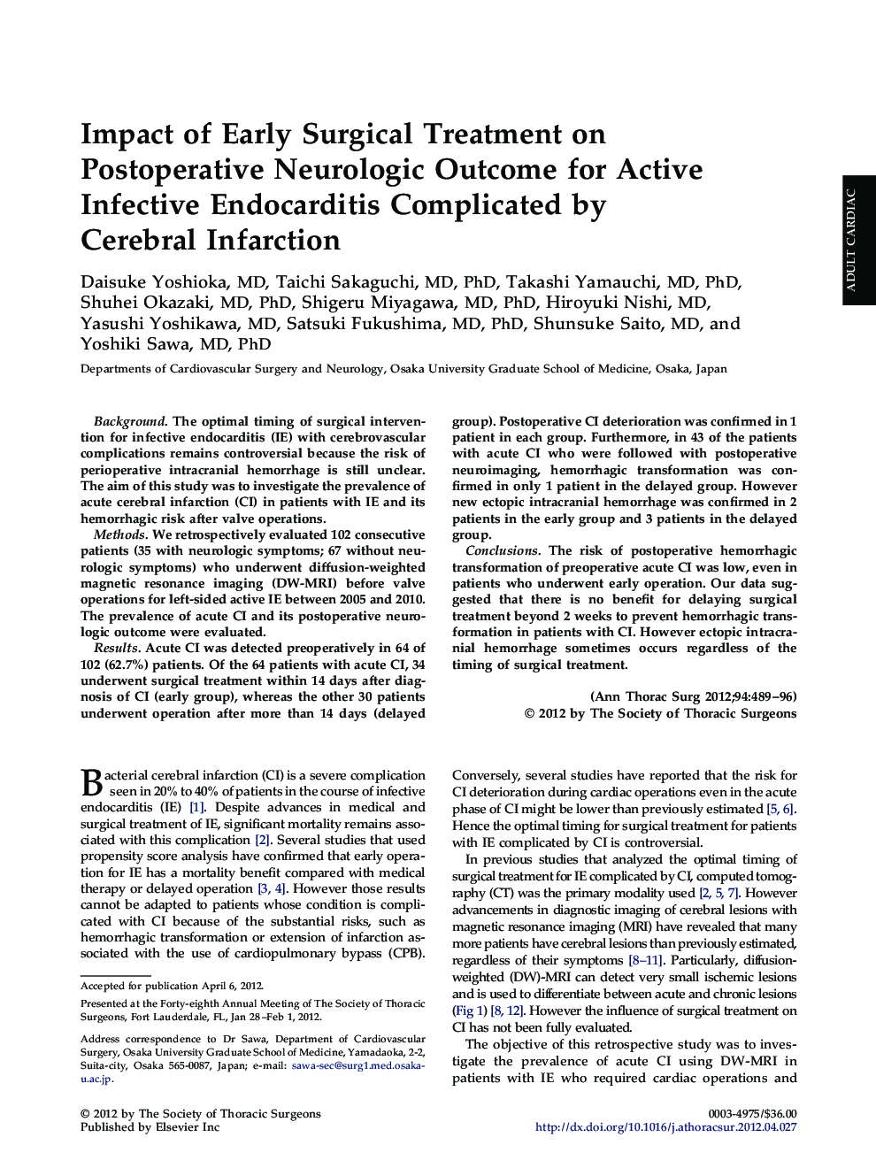 Impact of Early Surgical Treatment on Postoperative Neurologic Outcome for Active Infective Endocarditis Complicated by Cerebral Infarction