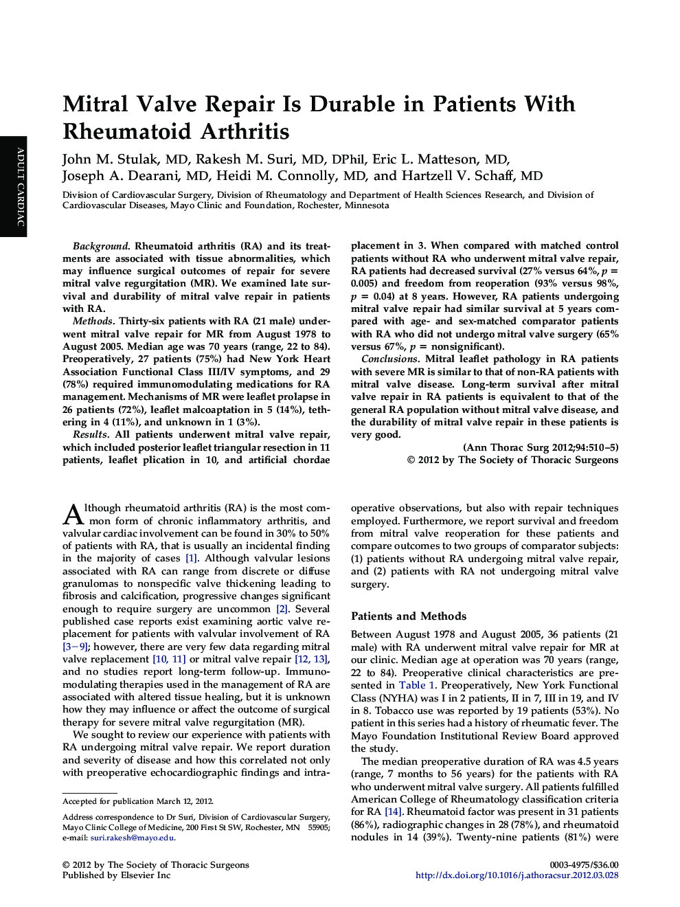 Mitral Valve Repair Is Durable in Patients With Rheumatoid Arthritis