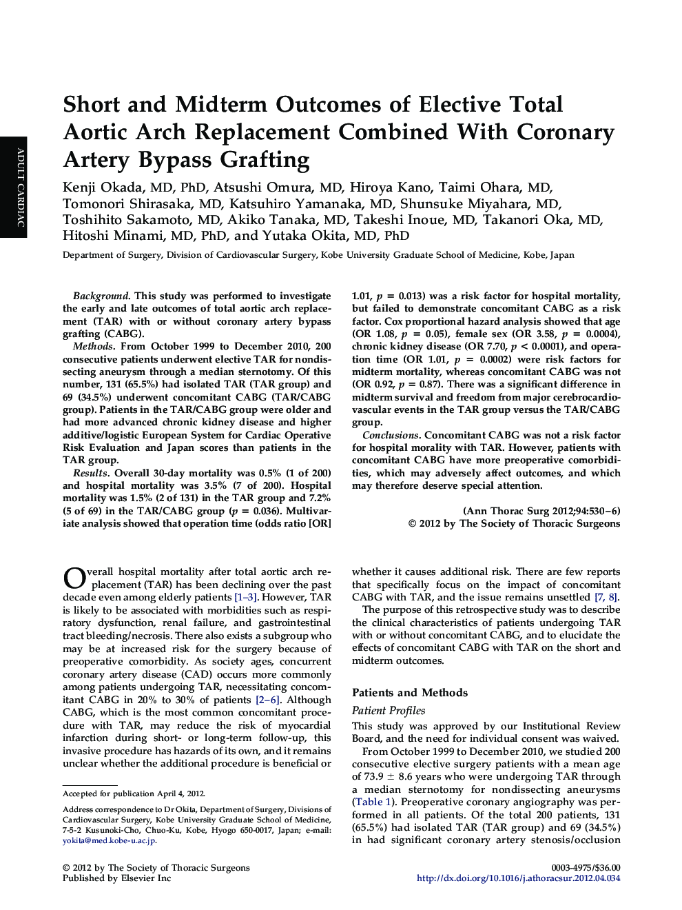 Short and Midterm Outcomes of Elective Total Aortic Arch Replacement Combined With Coronary Artery Bypass Grafting