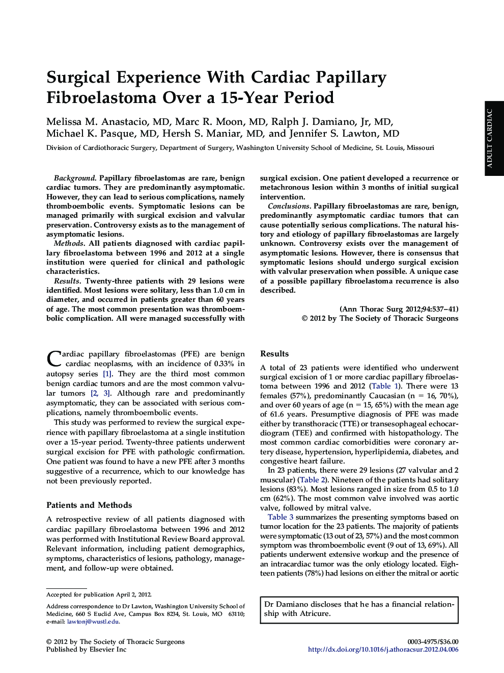 Surgical Experience With Cardiac Papillary Fibroelastoma Over a 15-Year Period