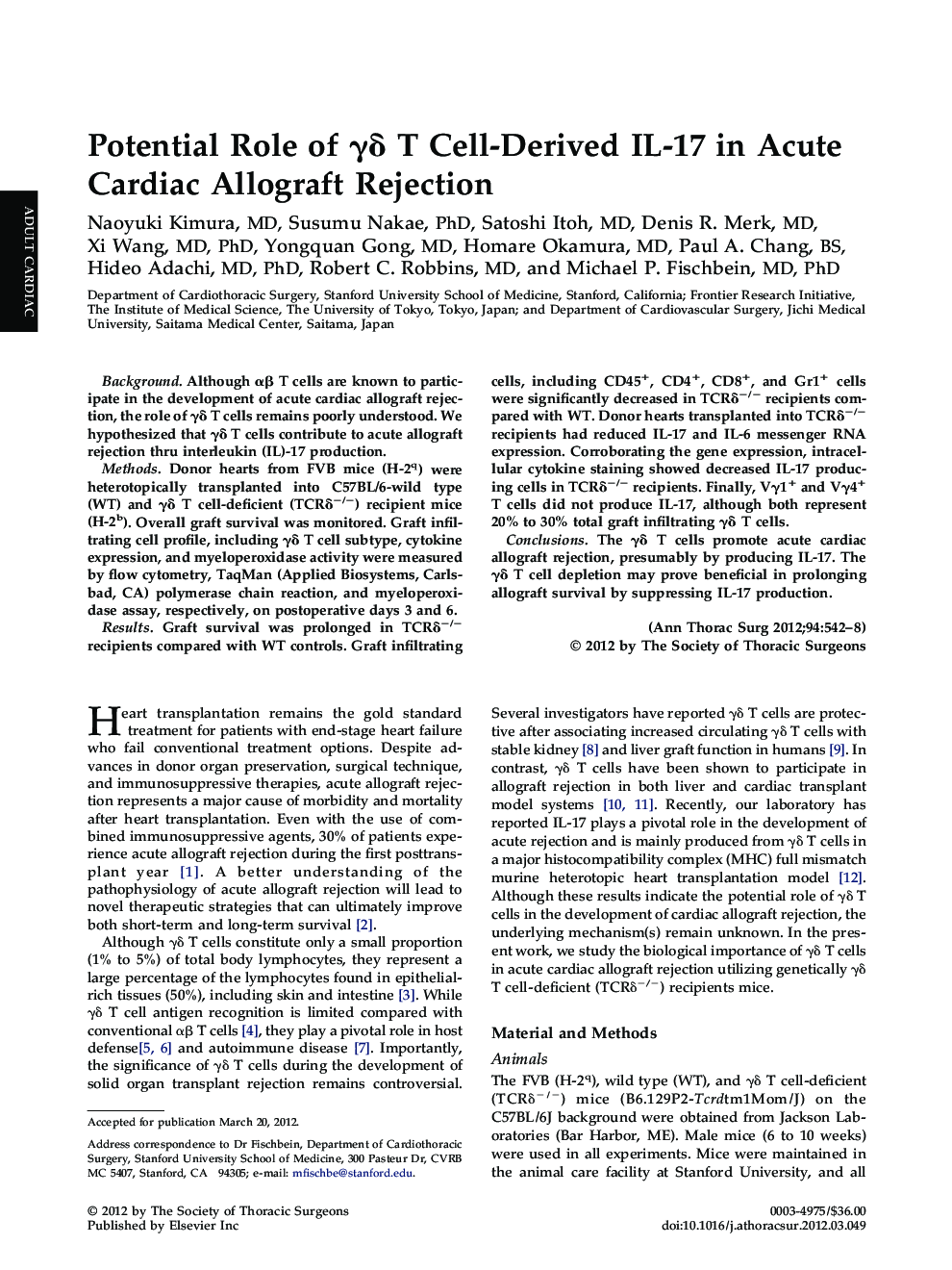 Potential Role of Î³Î´ T Cell-Derived IL-17 in Acute Cardiac Allograft Rejection