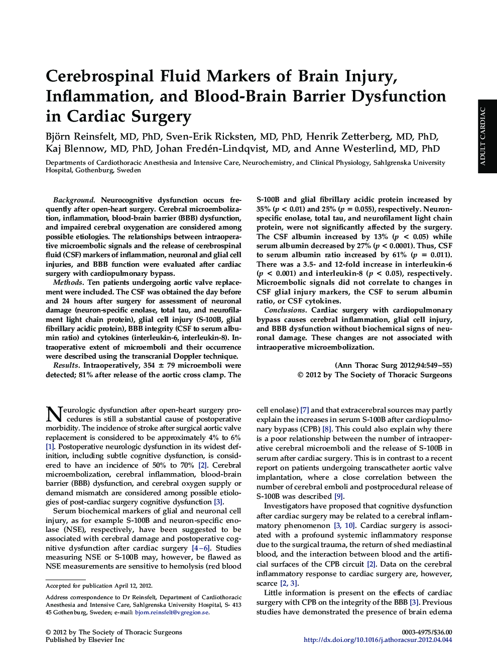 Cerebrospinal Fluid Markers of Brain Injury, Inflammation, and Blood-Brain Barrier Dysfunction in Cardiac Surgery