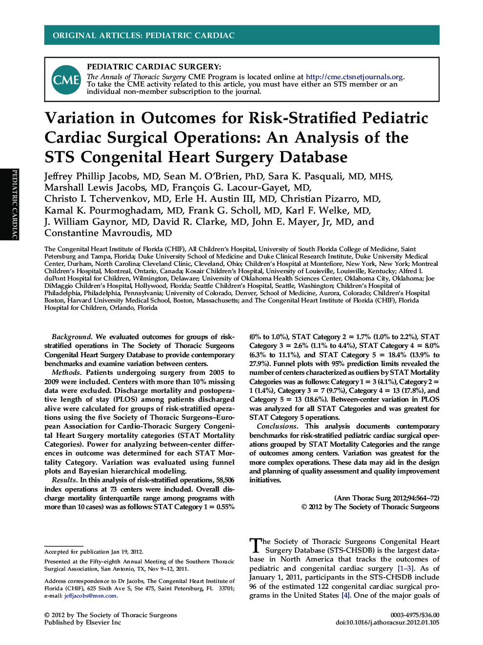 Variation in Outcomes for Risk-Stratified Pediatric Cardiac Surgical Operations: An Analysis of the STS Congenital Heart Surgery Database