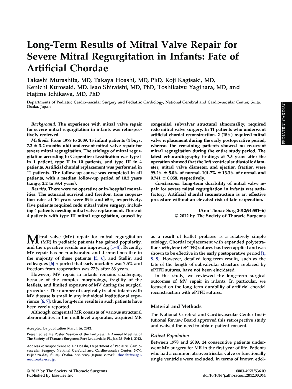 Long-Term Results of Mitral Valve Repair for Severe Mitral Regurgitation in Infants: Fate of Artificial Chordae