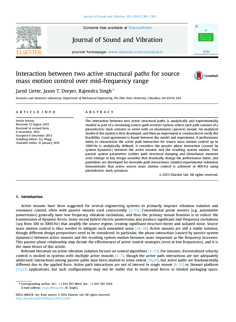 Interaction between two active structural paths for source mass motion control over mid-frequency range