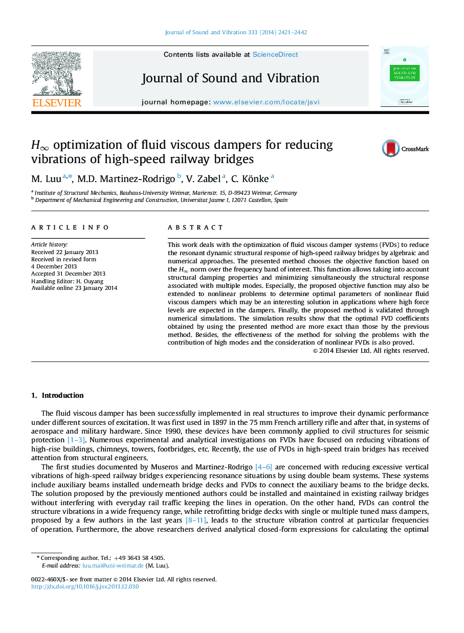 H∞ optimization of fluid viscous dampers for reducing vibrations of high-speed railway bridges