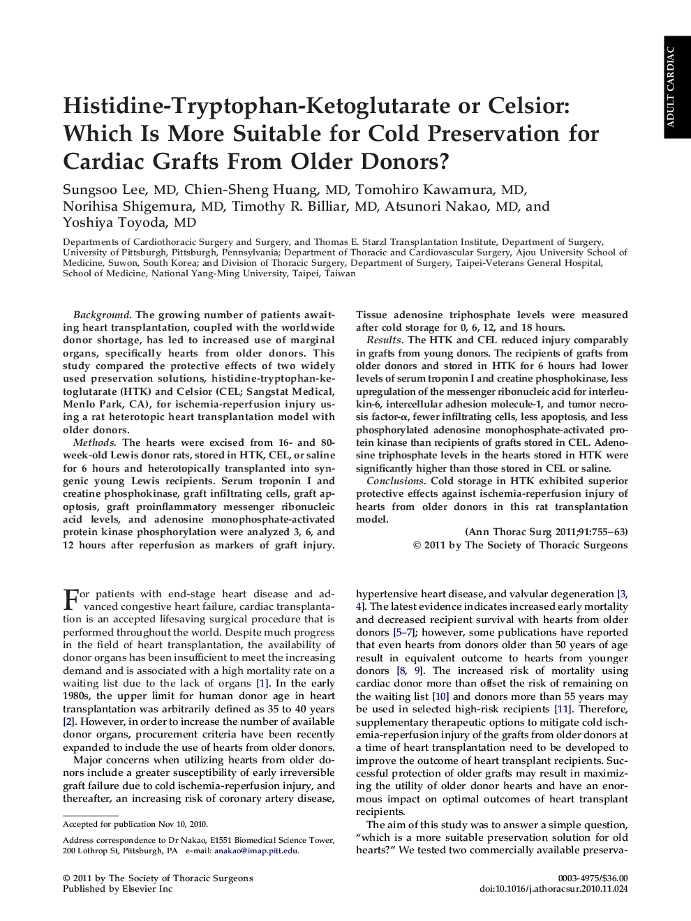 Histidine-Tryptophan-Ketoglutarate or Celsior: Which Is More Suitable for Cold Preservation for Cardiac Grafts From Older Donors?