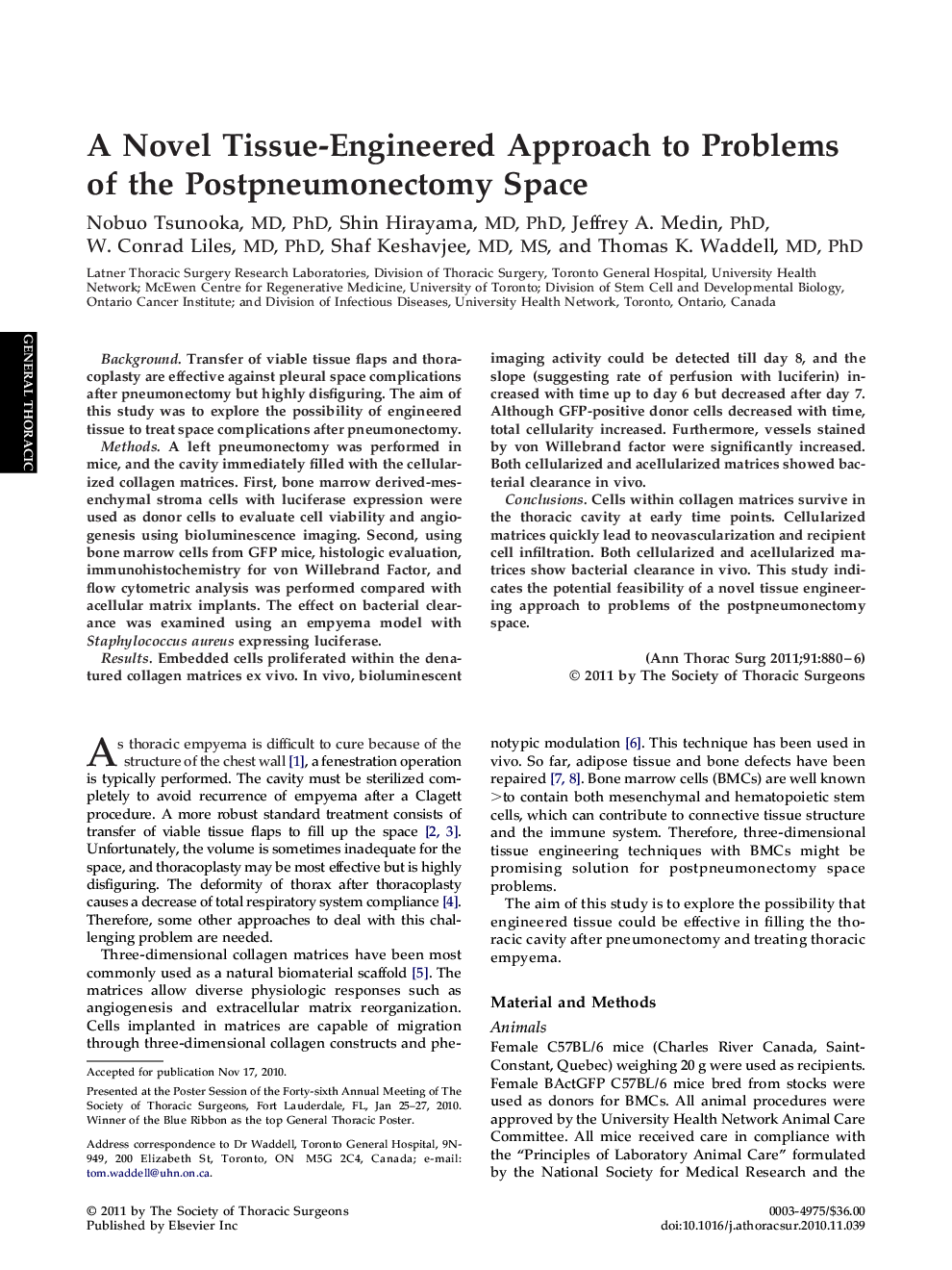 عکس صفحه اول مقاله: A Novel Tissue-Engineered Approach to Problems of the Postpneumonectomy Space A Novel Tissue-Engineered Approach to Problems of the Postpneumonectomy Space