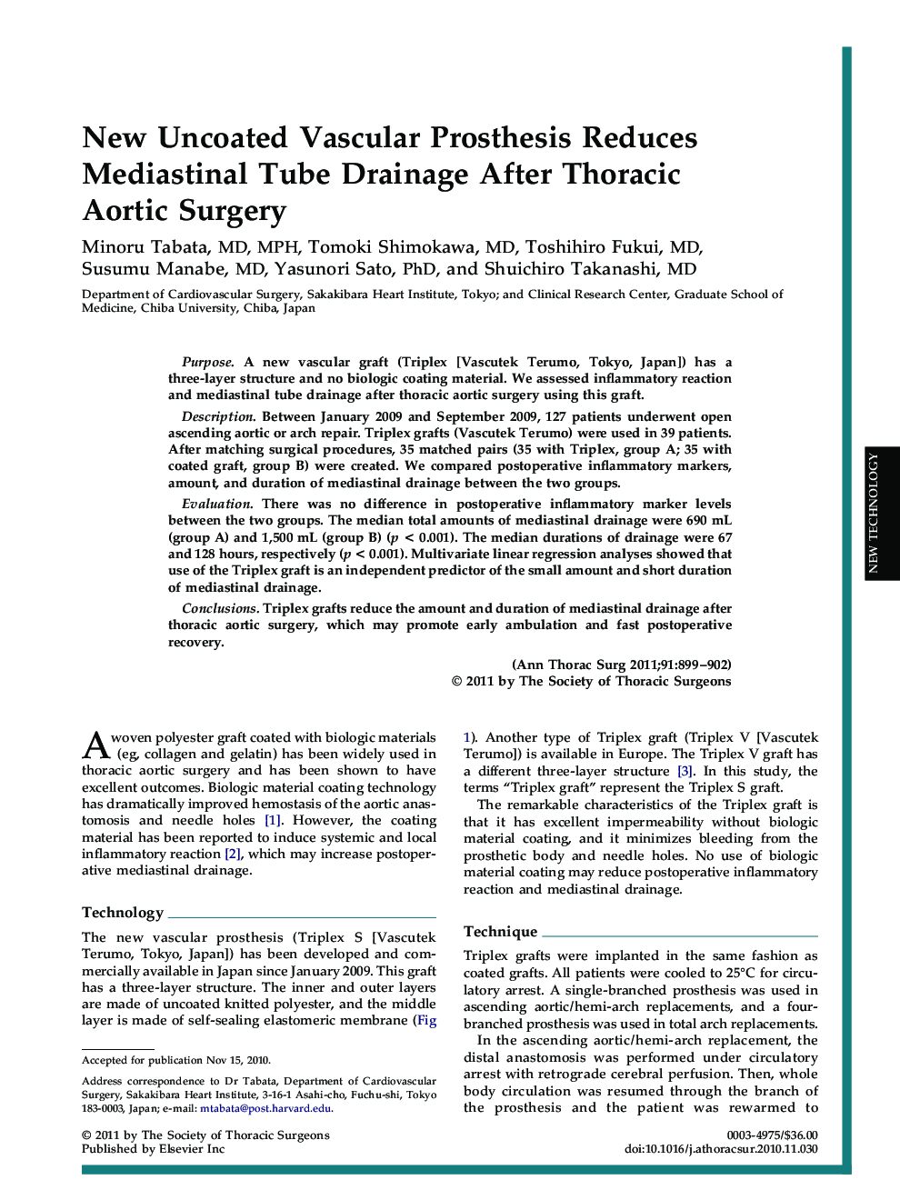 عکس صفحه اول مقاله: New Uncoated Vascular Prosthesis Reduces Mediastinal Tube Drainage After Thoracic Aortic Surgery New Uncoated Vascular Prosthesis Reduces Mediastinal Tube Drainage After Thoracic Aortic Surgery