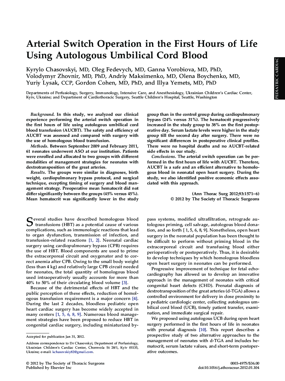 Arterial Switch Operation in the First Hours of Life Using Autologous Umbilical Cord Blood