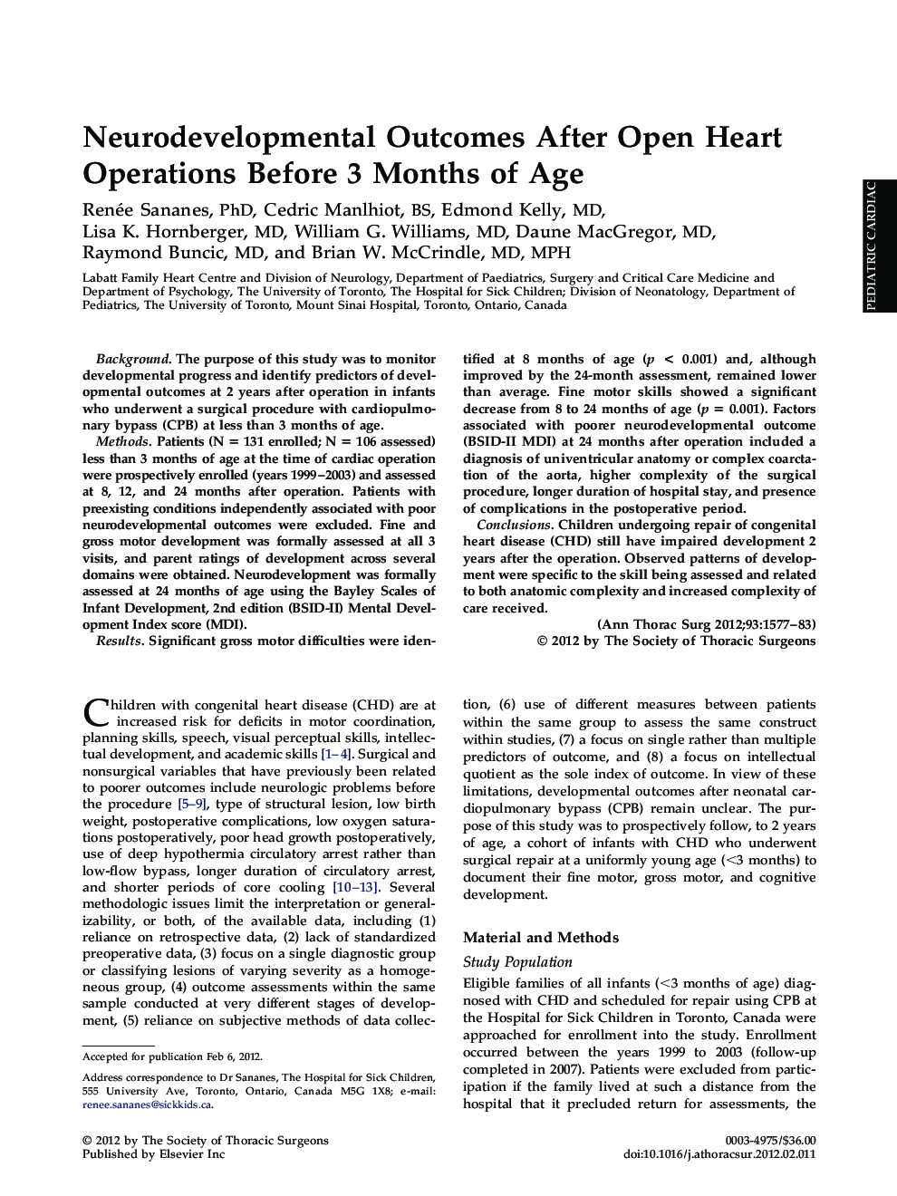 Neurodevelopmental Outcomes After Open Heart Operations Before 3 Months of Age