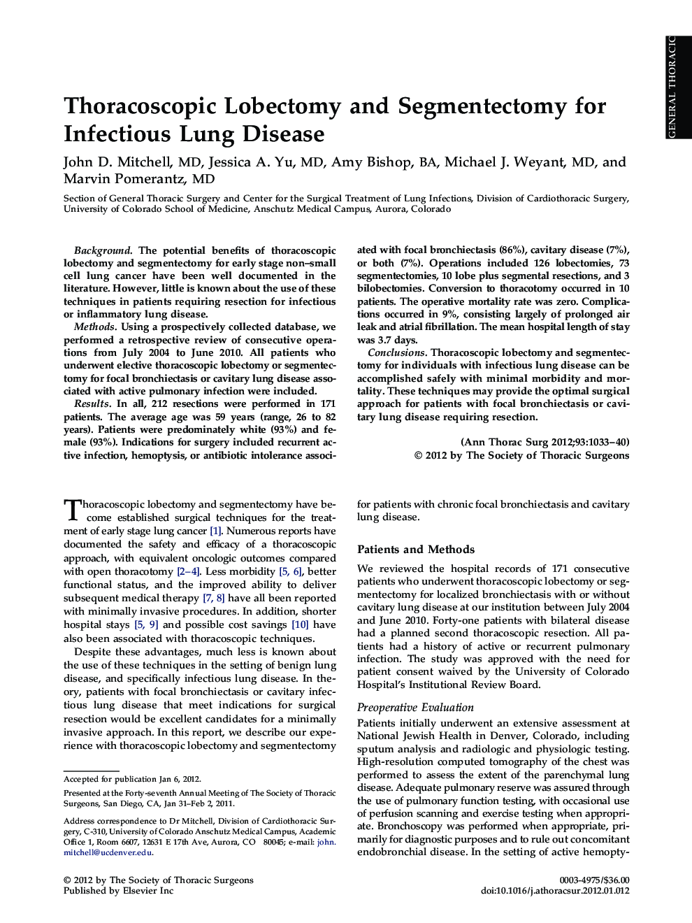 Thoracoscopic Lobectomy and Segmentectomy for Infectious Lung Disease