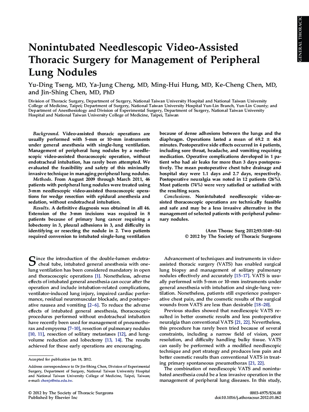 Nonintubated Needlescopic Video-Assisted Thoracic Surgery for Management of Peripheral Lung Nodules