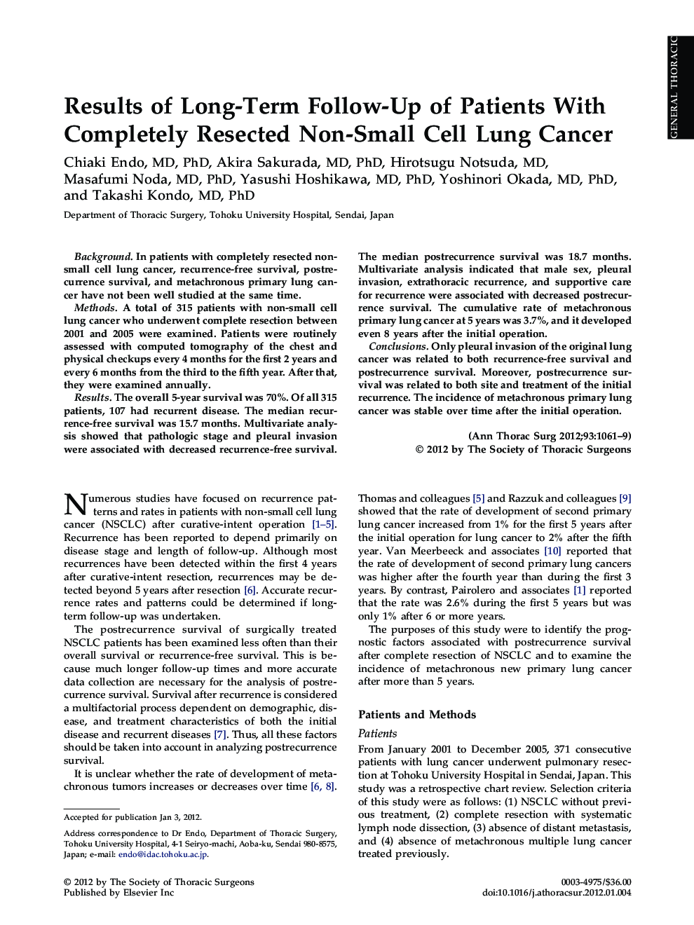 Results of Long-Term Follow-Up of Patients With Completely Resected Non-Small Cell Lung Cancer
