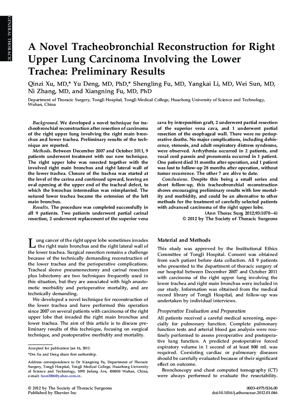 عکس صفحه اول مقاله: A Novel Tracheobronchial Reconstruction for Right Upper Lung Carcinoma Involving the Lower Trachea: Preliminary Results A Novel Tracheobronchial Reconstruction for Right Upper Lung Carcinoma Involving the Lower Trachea: Preliminary Results