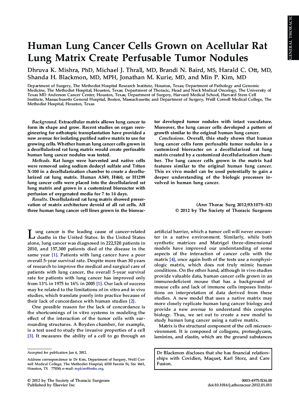 Human Lung Cancer Cells Grown on Acellular Rat Lung Matrix Create Perfusable Tumor Nodules