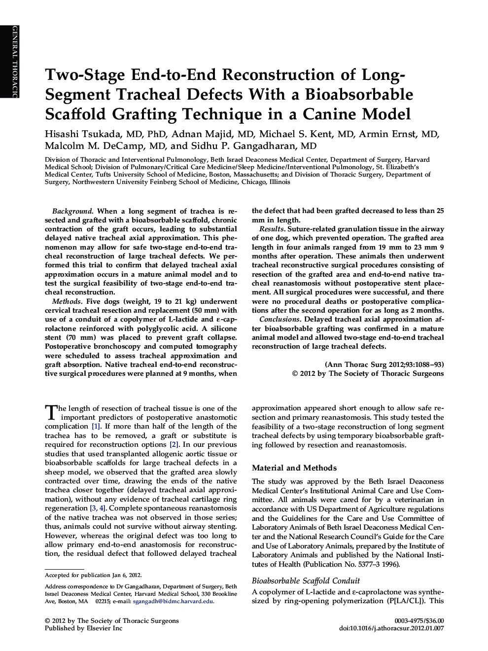 Two-Stage End-to-End Reconstruction of Long-Segment Tracheal Defects With a Bioabsorbable Scaffold Grafting Technique in a Canine Model