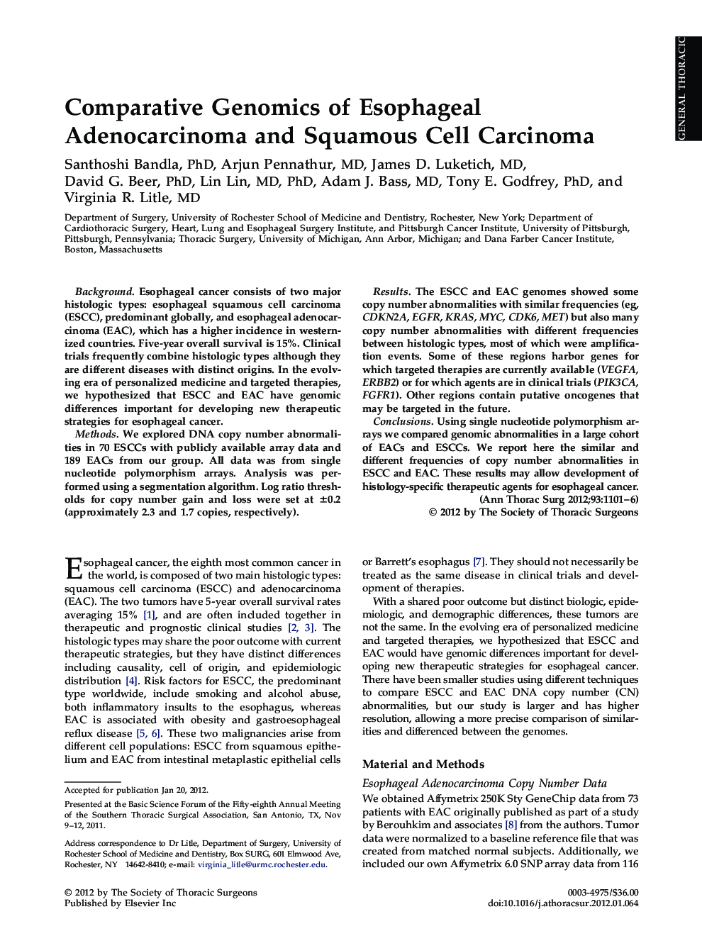 عکس صفحه اول مقاله: Comparative Genomics of Esophageal Adenocarcinoma and Squamous Cell Carcinoma Comparative Genomics of Esophageal Adenocarcinoma and Squamous Cell Carcinoma