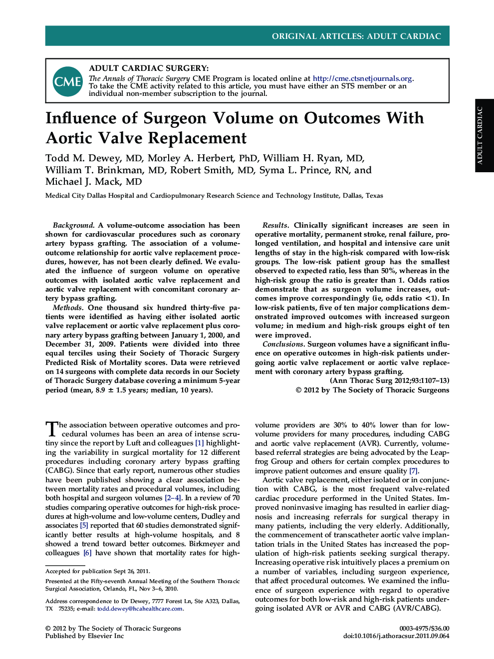 Influence of Surgeon Volume on Outcomes With Aortic Valve Replacement