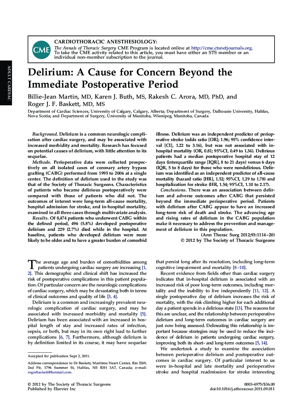 Delirium: A Cause for Concern Beyond the Immediate Postoperative Period