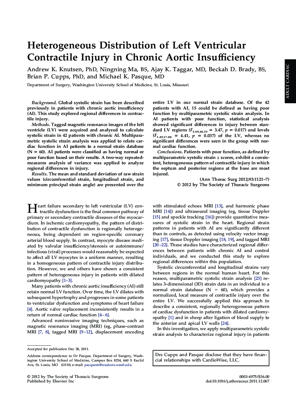 Heterogeneous Distribution of Left Ventricular Contractile Injury in Chronic Aortic Insufficiency