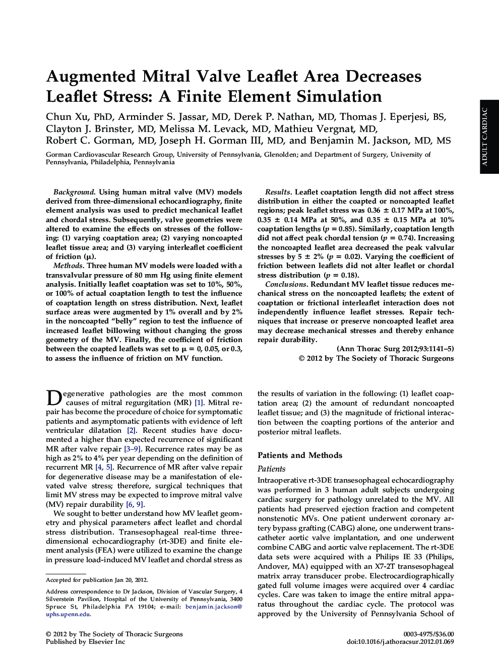 عکس صفحه اول مقاله: Augmented Mitral Valve Leaflet Area Decreases Leaflet Stress: A Finite Element Simulation Augmented Mitral Valve Leaflet Area Decreases Leaflet Stress: A Finite Element Simulation
