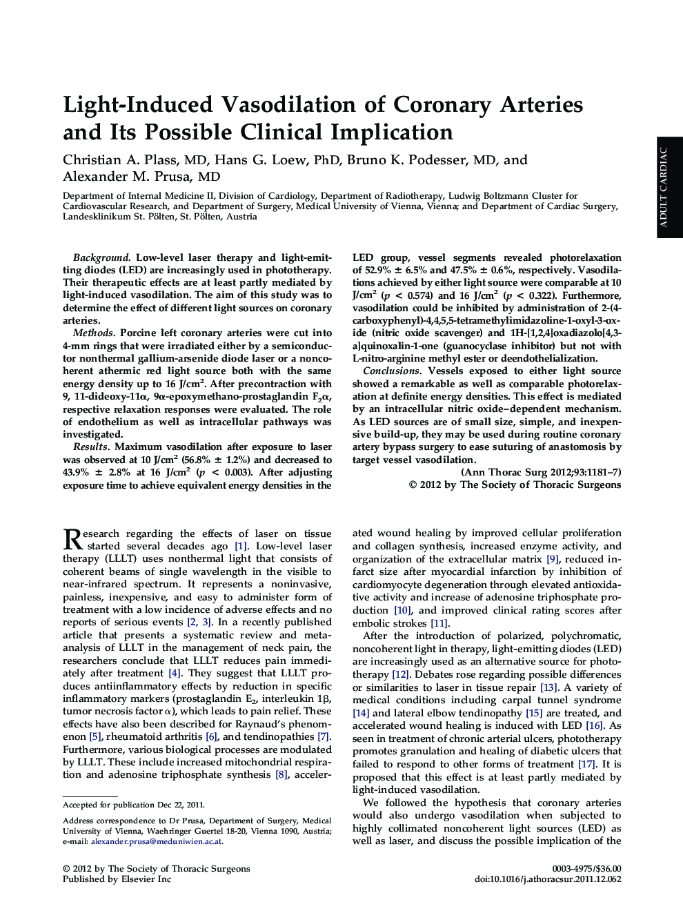 عکس صفحه اول مقاله: Light-Induced Vasodilation of Coronary Arteries and Its Possible Clinical Implication Light-Induced Vasodilation of Coronary Arteries and Its Possible Clinical Implication